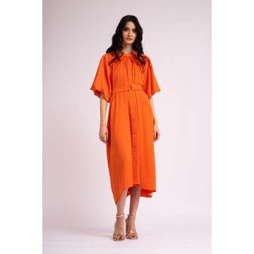 Rochie midi portocalie cu maneca raglan si fronseuri