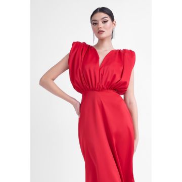 Rochie midi rosie cu bust drapat in V