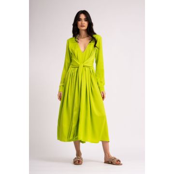 Rochie midi verde neon cu esarfe si pliuri