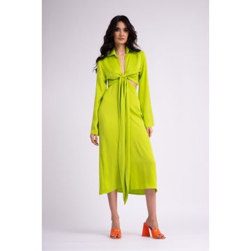 Rochie verde neon cu maneca lunga si nod