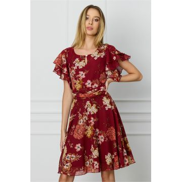 Rochie DY Fashion bordo cu imprimeuri florale corai