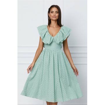 Rochie Dy Fashion verde mint din ghipura cu volane la bust