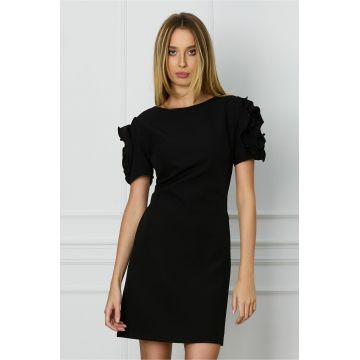 Rochie office neagra cu flori maxi pe maneci