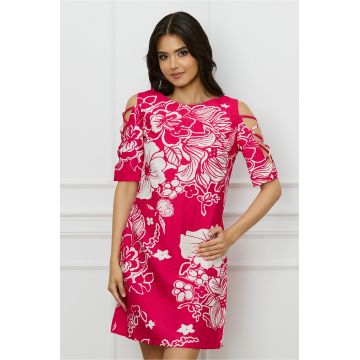 Rochie de zi fucsia cu imprimeuri albe si decupaje pe maneci