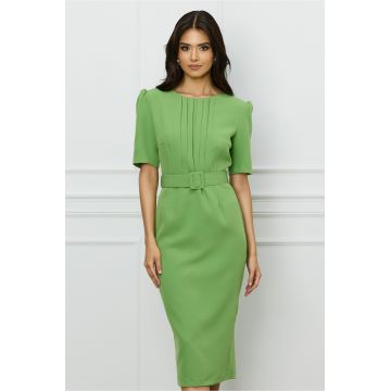 Rochie DY Fashion verde fistic cu pliuri pe bust si curea in talie