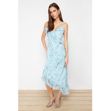 Rochie asimetrica cu model floral si volane