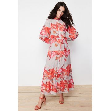 Rochie maxi cu model floral si cordon in talie