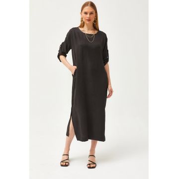 Rochie midi din amestec de in cu buzunare laterale 134159