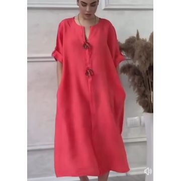 Rochie oversize din in, cu nasturi pe piept, corai