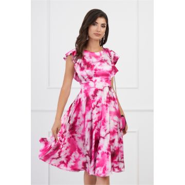 Rochie de zi din satin fucsia cu imprimeu tie-dye si vonale pe bust