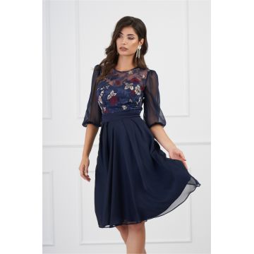 Rochie DY Fashion bleumarin din voal cu broderie florala la bust