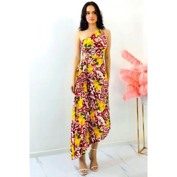 Rochie plisata asimetrica Elza Print, cu decupaj in zona taliei si imprimeu cu lămâi, Rosu, Marime S/M