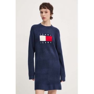 Tommy Jeans rochie din amestec de lana culoarea albastru marin, mini, oversize, DW0DW18719