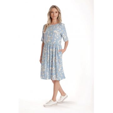 888144385-Rochie Medie Dama V272 - Bleu cu flori albe