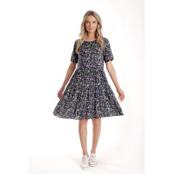 888144390-Rochie cu Volane Dama V277 - Bleumarin Imprimeu Floral Lila