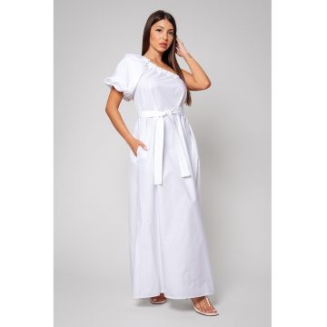 Rochie de bumbac cu decolteu pe un umar si buzunare