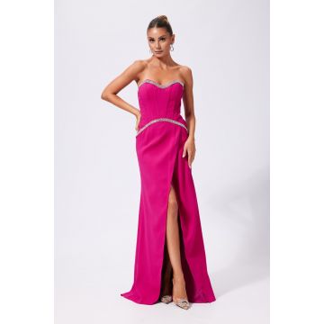 Rochie de ocazie din crepe cu strass-uri si umerii goi Samara Fucsia