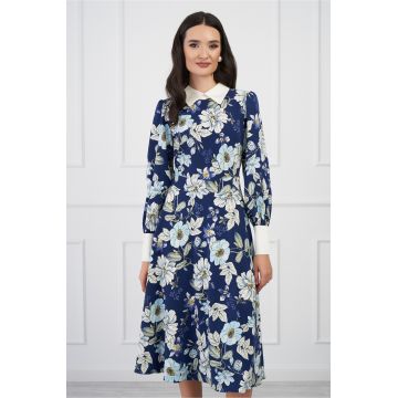 Rochie DY Fashion bleumarin cu imprimeuri florale si guler alb