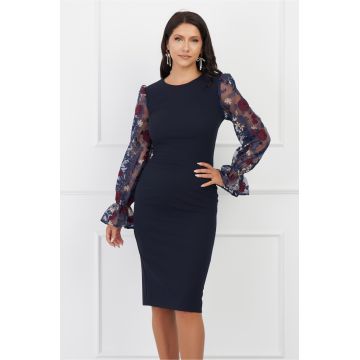 Rochie DY Fashion bleumarin cu trandafiri bordo pe maneci