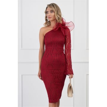 Rochie DY Fashion bordo din dantela cu floare maxi pe umar