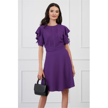 Rochie DY Fashion mov cu pliuri pe bust si volane pe maneci