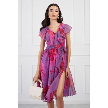 Rochie DY Fashion mov din voal cu imprimeu fucsia si cordon in talie