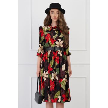 Rochie DY Fashion neagra cu imprimeu floral rosu si curea in talie