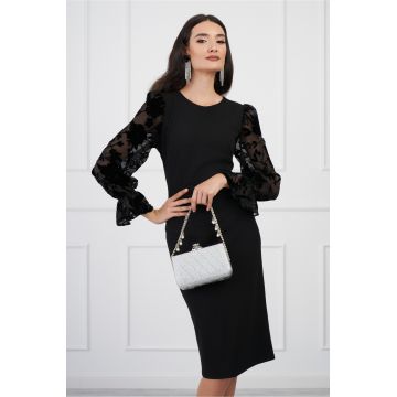 Rochie DY Fashion neagra cu insertii din catifea pe maneci