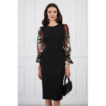 Rochie DY Fashion neagra cu trandafiri rosii pe maneci