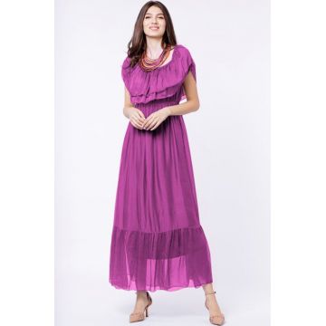 Rochie lunga, magenta, din matase naturala, cu volan pe umeri