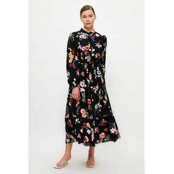 Rochie midi evazata cu guler Mao si model floral