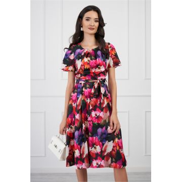 Rochie Miruna cu imprimeu floral fucsia si cordon in talie