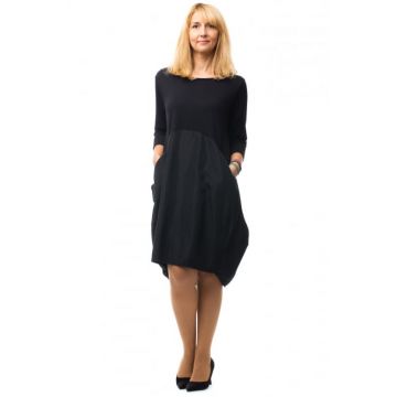 Rochie neagra gogosar din tricot si tafta cu buzunare