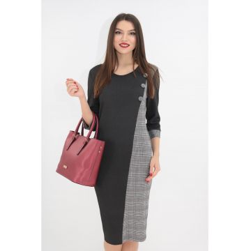 Rochie din jerse gri inchis cu garnituri in carouri alb-negre