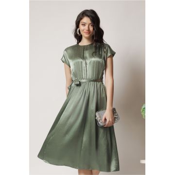 Rochie DY Fashion eleganta din satin verde fistic cu strasuri pe bust si cordon in talie