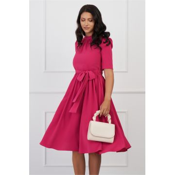 Rochie Dy Fashion fucsia cu pliuri la bust si cordon in talie