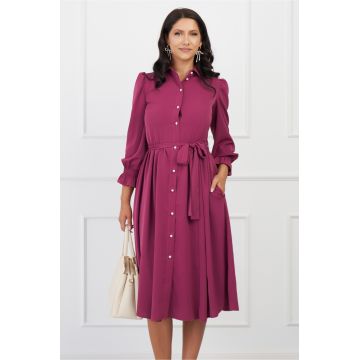 Rochie Dy Fashion magenta cu nasturi si cordon in talie