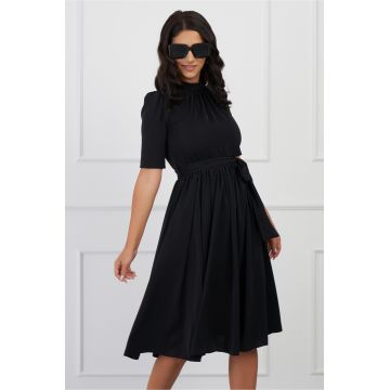 Rochie Dy Fashion neagra cu pliuri la bust si cordon in talie