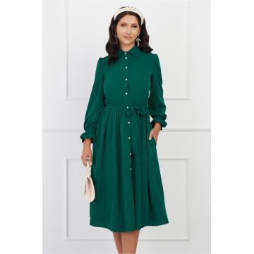 Rochie Dy Fashion verde cu nasturi si cordon in talie