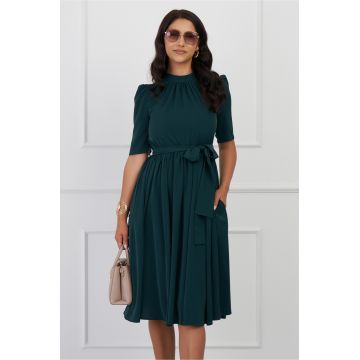 Rochie Dy Fashion verde cu pliuri la bust si cordon in talie