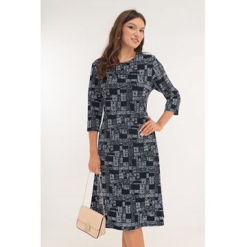 Rochie evazata bleumarin cu print geometric gri