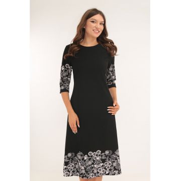 Rochie evazata neagra cu tiv bordurat floral