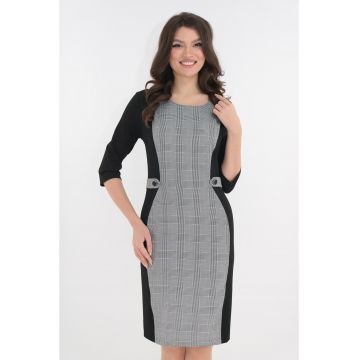 Rochie office neagra cu imprimeu gri in carouri