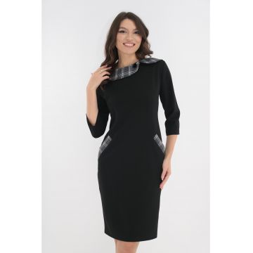 Rochie office neagra cu stofa in carouri gri la guler si buzunare