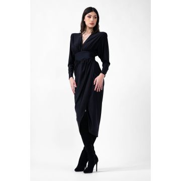 Rochie midi neagra cu corset si decolteu in V