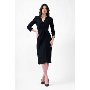 Rochie midi neagra cu pliuri si cordon in talie