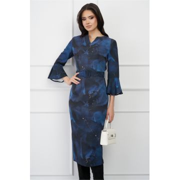 Rochie DY Fashion bleumarin cu imprimeuri si curea in talie