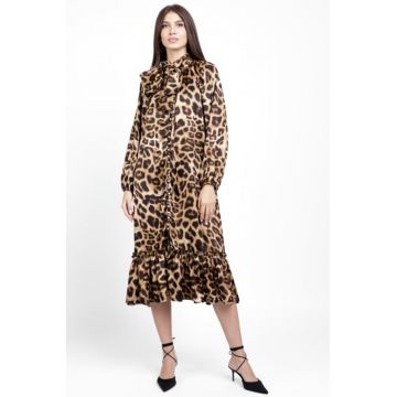 Rochie eleganta din satin, cu nasturei albi perlati si imprimeu animal print