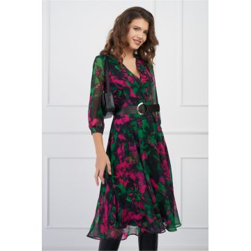 Rochie Eliada verde cu imprimeu fucsia si curea in talie