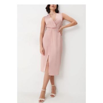 Rochie midi cu decolteu petrecut, fara maneci si cu slit, roz, dama, Mohito